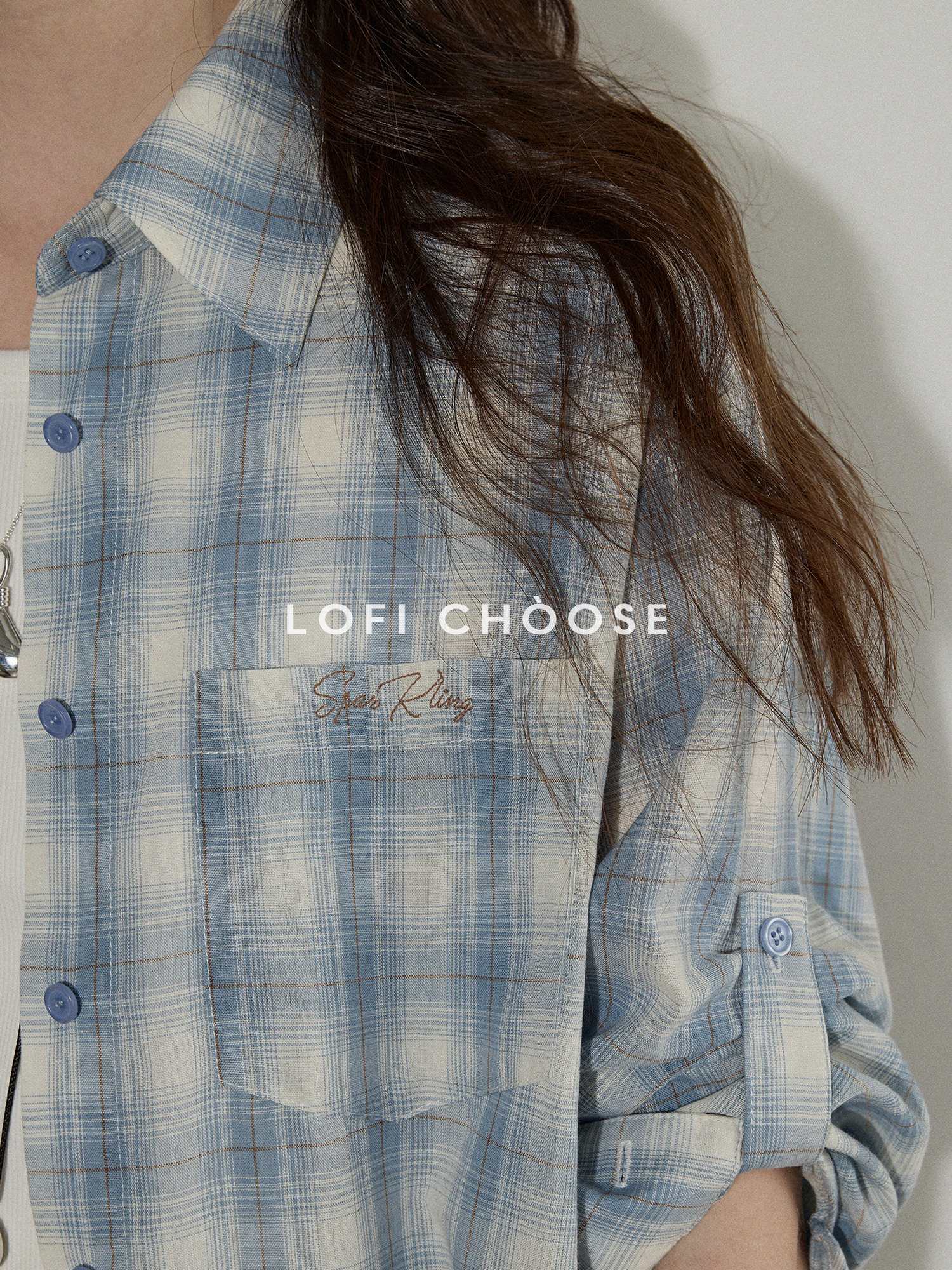 Lofi choose Pure Cotton Colorblock Plaid Embroidered Loose Commuter Office Women Shirts