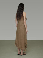 unspoken Cotton High Waist Irregular Hem Minimal Work Strappy Brown Maxi Dresses