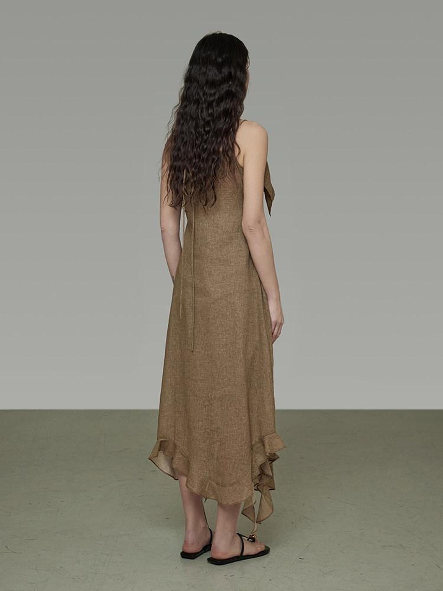 unspoken Cotton High Waist Irregular Hem Minimal Work Strappy Brown Maxi Dresses