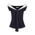 unspoken_Slim_Knit_Tie_Detail_Office_Long_Sleeve_Asym_Navy_White_Off_Shoulder_Crop_Tops_MISSTT