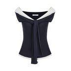 unspoken_Slim_Knit_Tie_Detail_Office_Long_Sleeve_Asym_Navy_White_Off_Shoulder_Crop_Tops_MISSTT