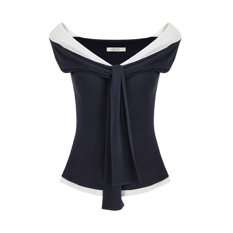 unspoken_Slim_Knit_Tie_Detail_Office_Long_Sleeve_Asym_Navy_White_Off_Shoulder_Crop_Tops_MISSTT
