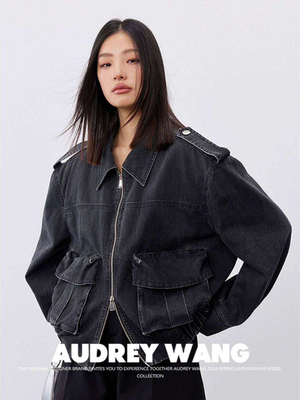 audreyyang Cotton Loose Commuter Lapel Zipper Long Sleeve Women Ash Gray Cropped Jackets