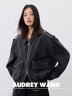 audreyyang Cotton Loose Commuter Lapel Zipper Long Sleeve Women Ash Gray Cropped Jackets