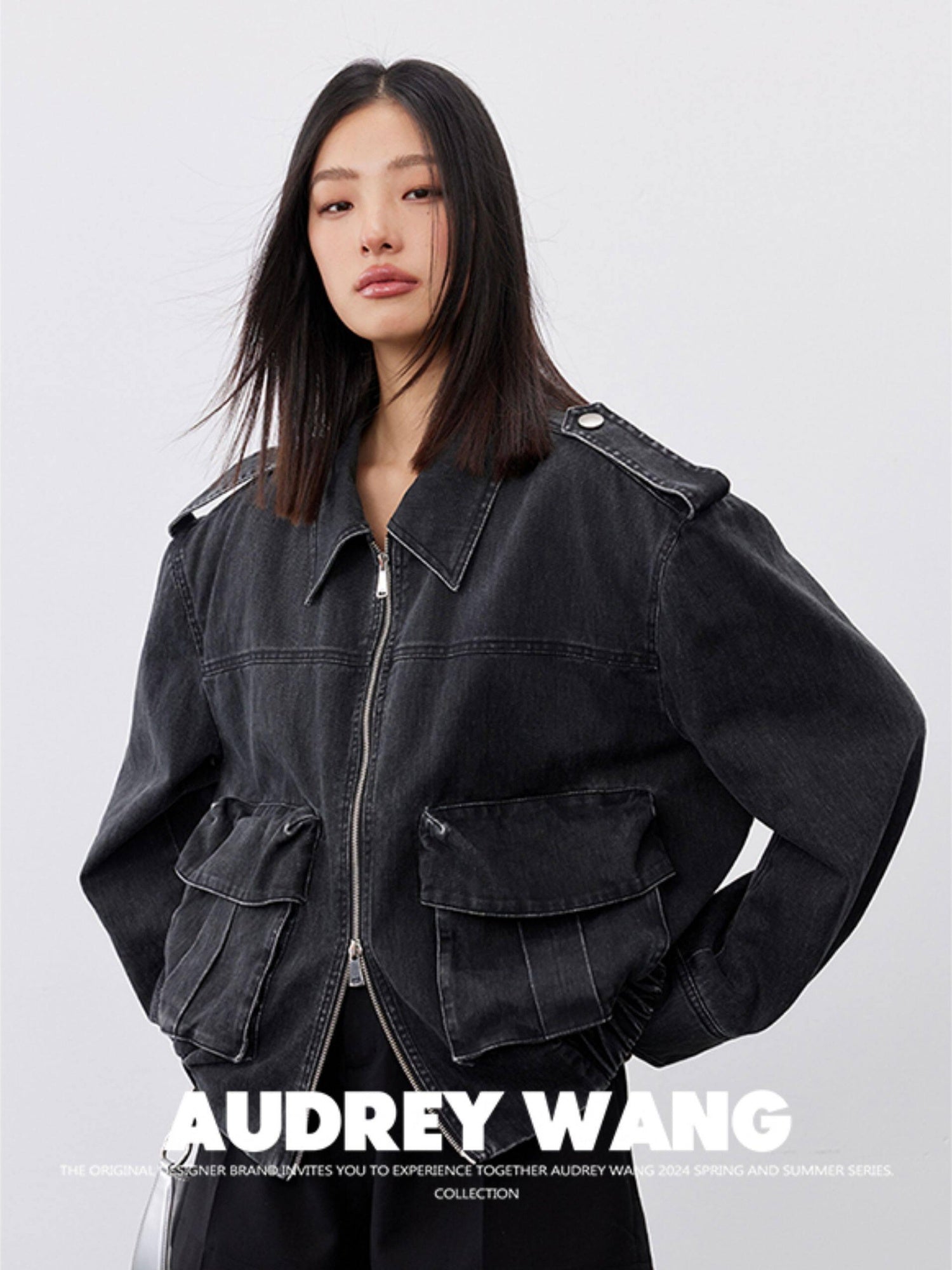 audreyyang Cotton Loose Commuter Lapel Zipper Long Sleeve Women Ash Gray Cropped Jackets