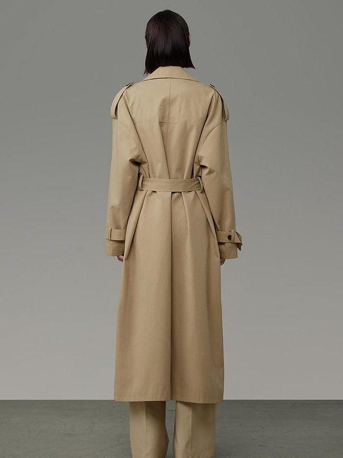 unspoken Pure Cotton Double Breasted Long Straight Minimal Women Khaki Trench Coats
