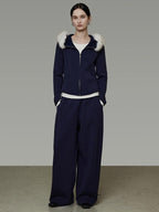 unspoken Warm Slim Fit Zip Hooded Cardigan High Waist Commuter Polyester Navy Lounge Sets