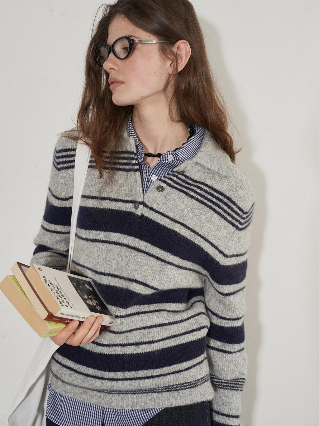Lofi choose Soft Acrylic Wool Blend Striped Polo Collar Loose Fit Office Knitwear Sweaters