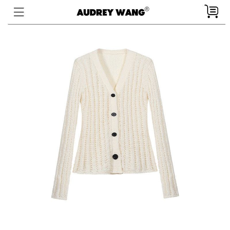 audreyyang_Lightweight_Openwork_Slim_V-neck_Button_Knitted_Cotton_Women_Cardigans_MISSTT