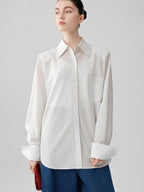 audreyyang Comfortable Polyester Blend Loose Lapel Button Long Sleeve Commuter White Shirts