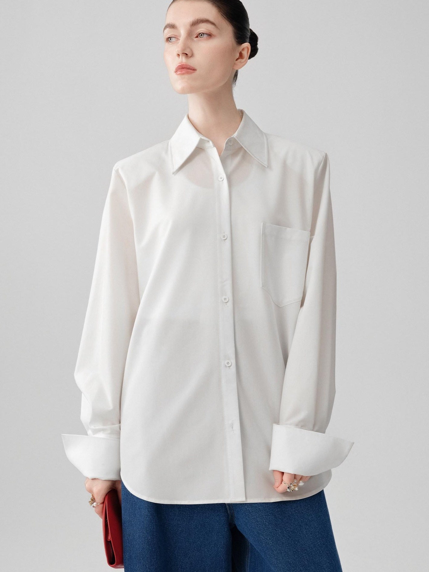 audreyyang Comfortable Polyester Blend Loose Lapel Button Long Sleeve Commuter White Shirts