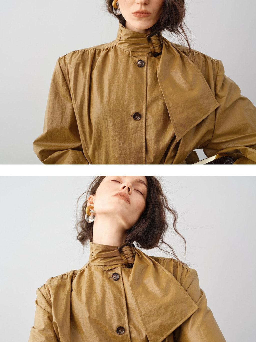 audreyyang Slimming Loose Cuffed Sleeves Button Women Mustard Green Leather Jackets