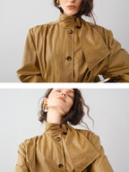 audreyyang Slimming Loose Cuffed Sleeves Button Women Mustard Green Leather Jackets