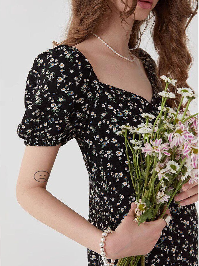 fano Black Floral Puff Sleeve V-neck High Waist A Line Office Chic Midi Dresses