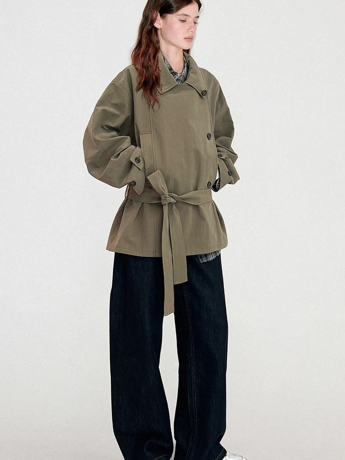 Double Breasted Khaki Korean Commuter Loose Mid Length Cotton Trench Coats