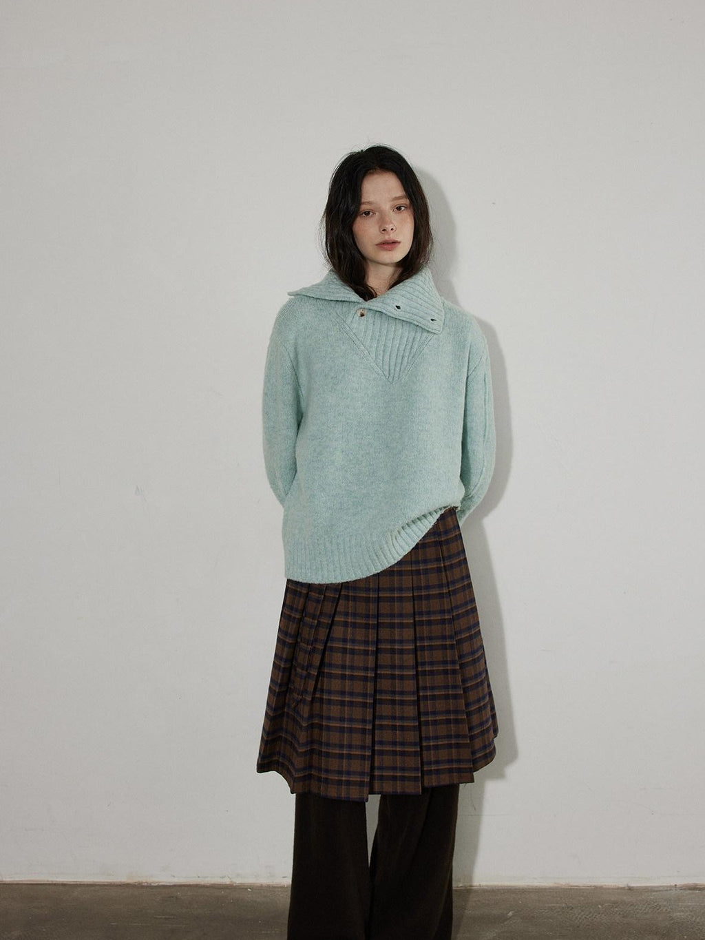 Lofi choose Cozy High Neck Loose Fit Commuter Knit Pullover Blue Polyester Sweaters
