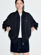 fano Vintage Black Grey Plaid Ruffle Loose Fit Viscose Zipper Women Bomber Jackets