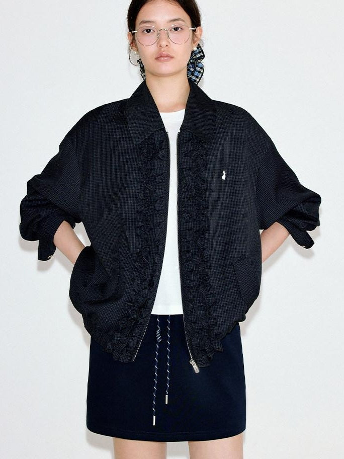 fano Vintage Black Grey Plaid Ruffle Loose Fit Viscose Zipper Women Bomber Jackets