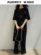 audreyyang Rhinestone Asymmetric Loose Commuter Cotton Black Women Short Sleeve T-Shirts