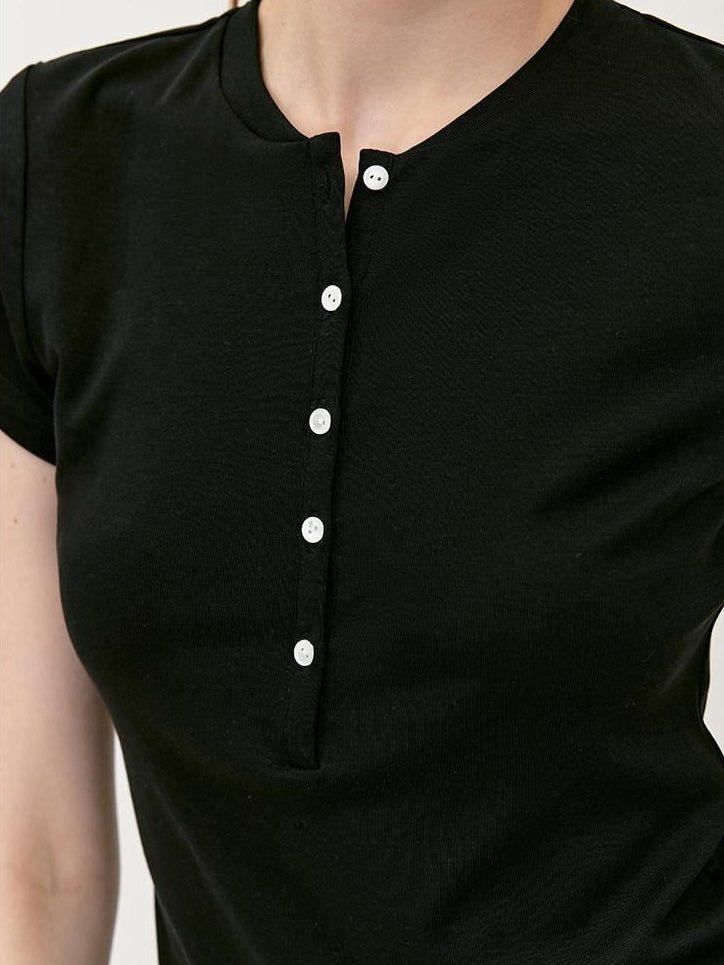 fano Black Slim Fit Half Collar Button Commuter Women Lyocell Short Sleeve T-Shirts