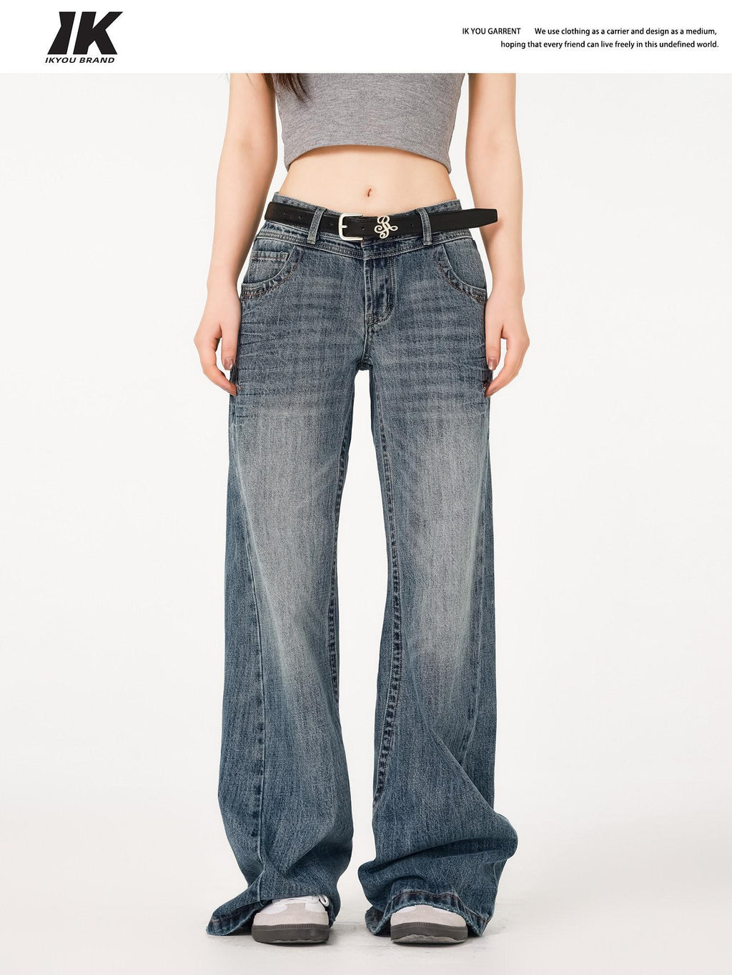 ikyou Durable Distressed Washed Blue Relaxed Natural Waist Rigid Denim Wide Leg Jeans