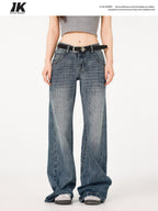 ikyou Durable Distressed Washed Blue Relaxed Natural Waist Rigid Denim Wide Leg Jeans