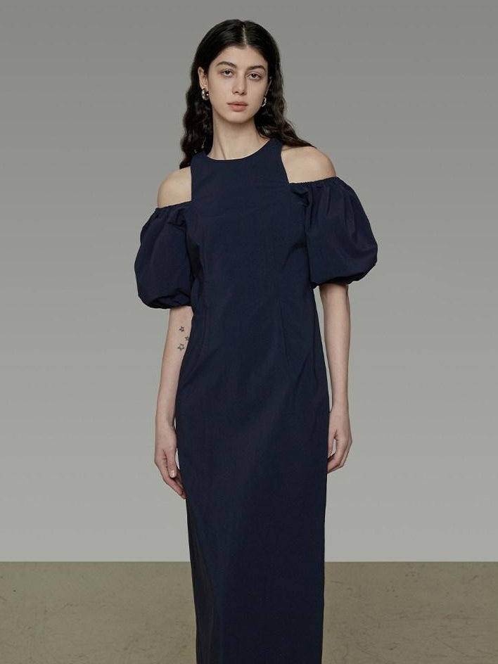 unspoken Slimming Waist A Line Irregular Hem Puff Sleeve City Navy Maxi Dresses