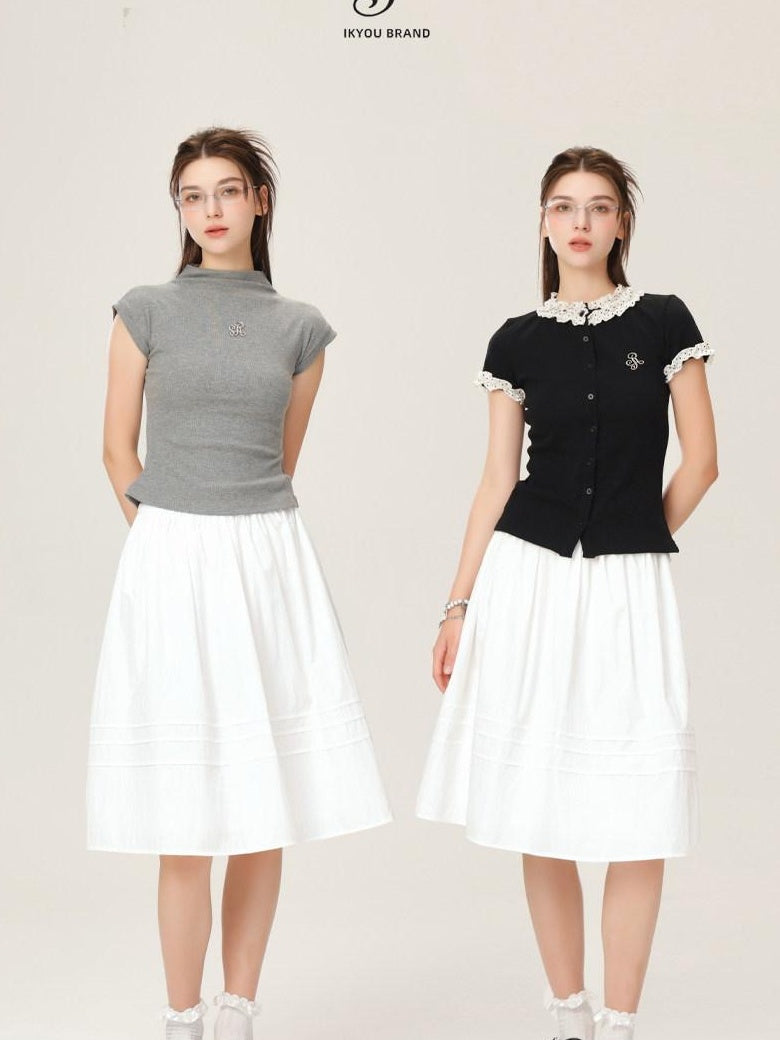 ikyou High Waist 100 Percent Cotton Resin Colorfast A Line Casual White Midi Skirts