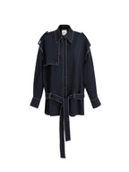 unspoken Vintage Loose Fit Irregular Pocket Detail Women Navy Polyester Trench Coats