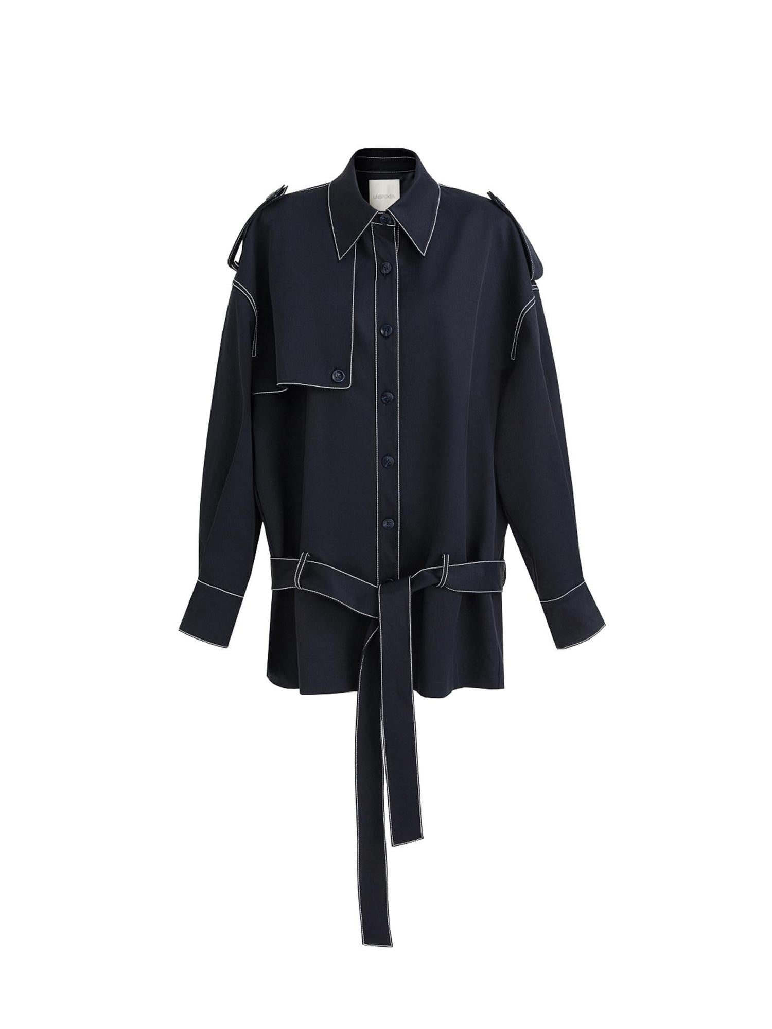 unspoken Vintage Loose Fit Irregular Pocket Detail Women Navy Polyester Trench Coats