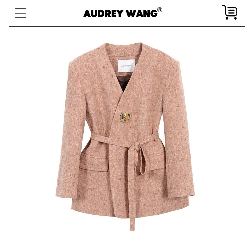 audreyyang_Soft_Lambswool_Relaxed_Fit_Belted_V-neck_For_Women_Light_Coffee_Blazers_MISSTT