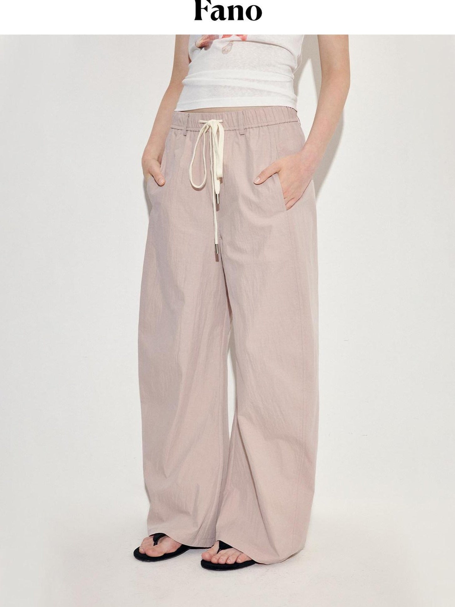fano Pink Cotton Blend Drawstring Natural Waist Loose Korean Office Wide Leg Pants