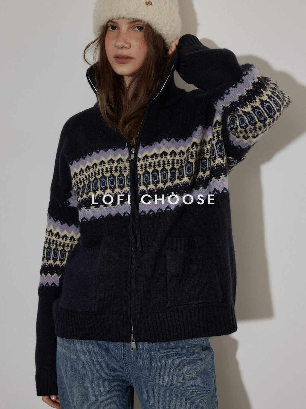 Lofi choose Cozy Thick Zip Front Work Loose Fit Women Office Acrylic Blend Navy Cardigans