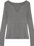 fano Soft V-neck Slim Fit Commuter Top For Women Solid Color Long Sleeve T-Shirts