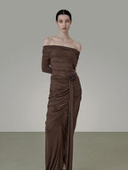 unspoken Slim Pleated Minimalist Workwear Women Pullover Polyester Brown Top & Skirt Sets