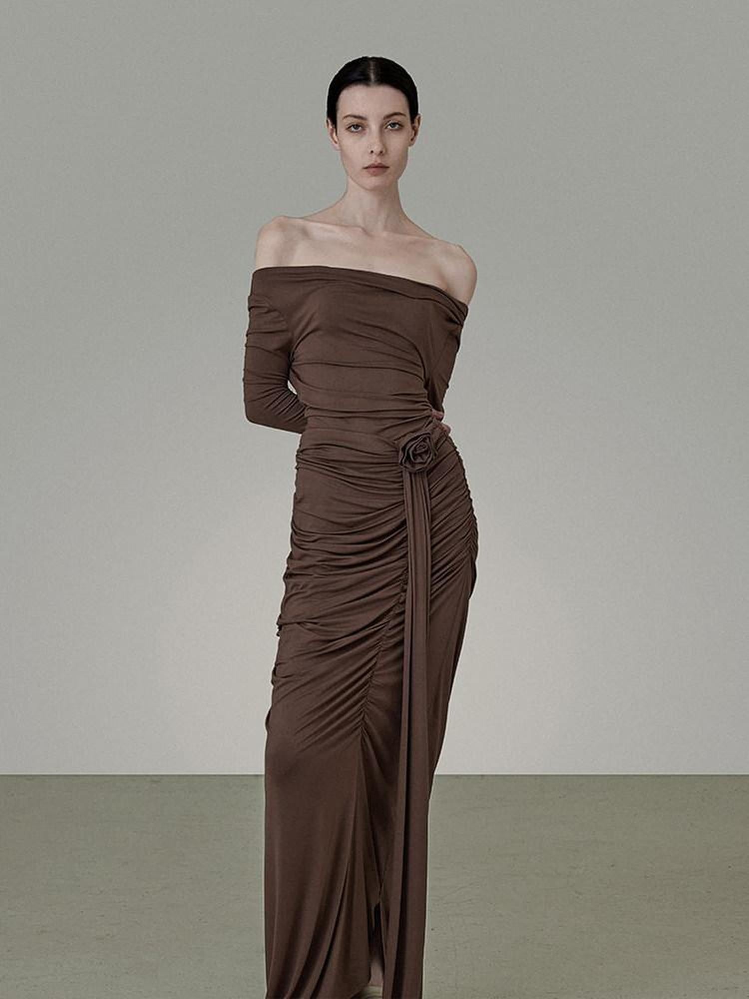 unspoken Slim Pleated Minimalist Workwear Women Pullover Polyester Brown Top & Skirt Sets