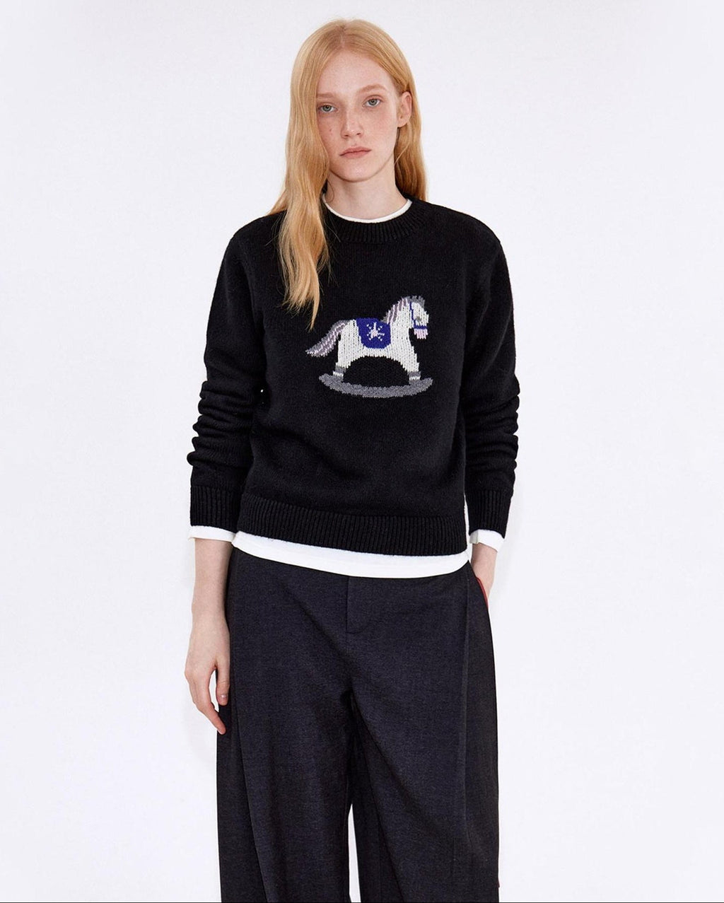 fano Cozy Acrylic Wool Blend Loose Pullover Crewneck Cute Animal Black Sweaters