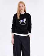 fano Cozy Acrylic Wool Blend Loose Pullover Crewneck Cute Animal Black Sweaters