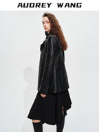 audreyyang Soft Lambskin Vintage Loose Fit Collarless Black Woven Women Leather Jackets