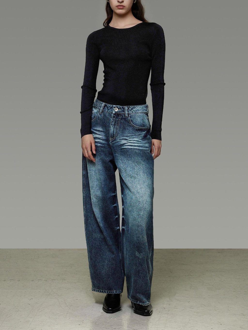 unspoken Washed High Waist Durable Workwear Vintage Blue Button Fly Rigid Wide Leg Jeans