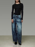 unspoken Washed High Waist Durable Workwear Vintage Blue Button Fly Rigid Wide Leg Jeans