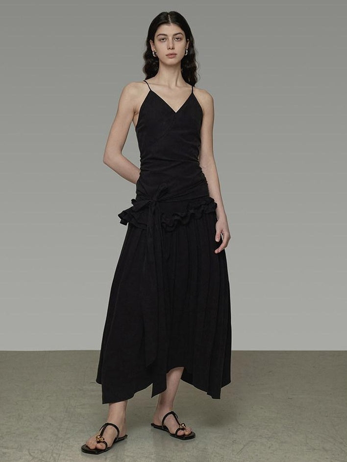unspoken Ultra Soft Tencel A Line Cinched Waist Minimalist Commuter Black Maxi Dresses
