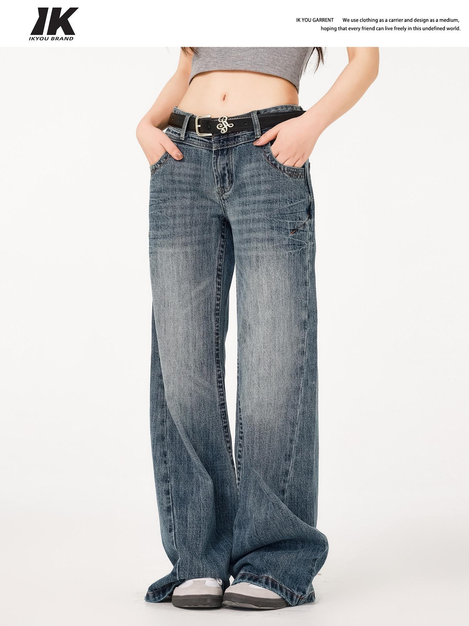 ikyou Durable Distressed Washed Blue Relaxed Natural Waist Rigid Denim Wide Leg Jeans