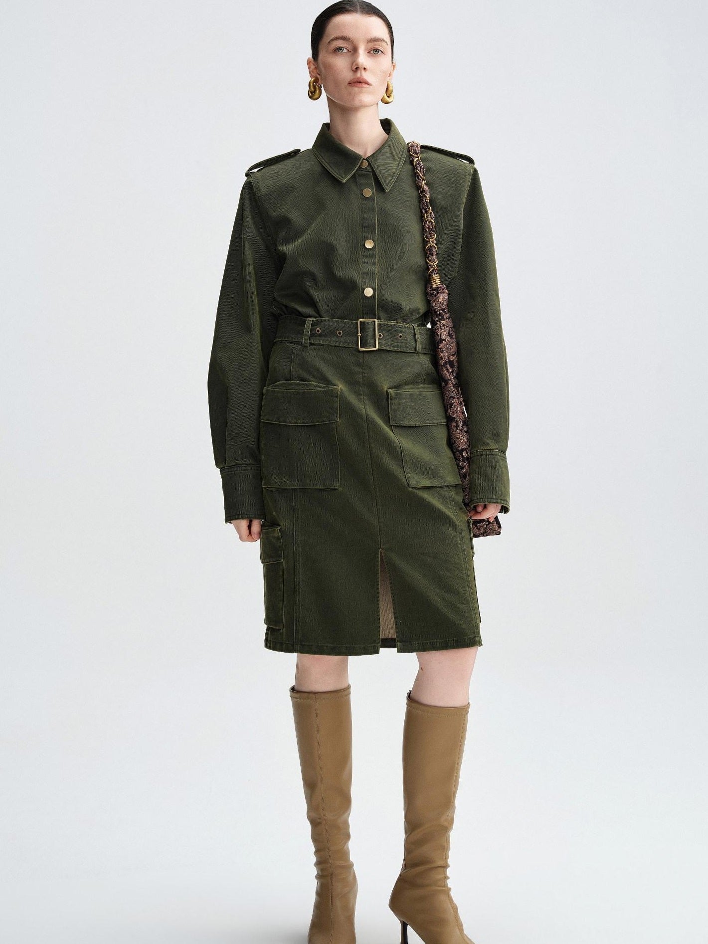 audreyyang Thick Cotton Cinched Waist Vintage Long Sleeve Army Green Top & Skirt Sets