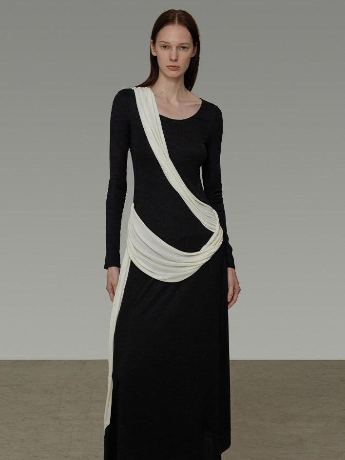 unspoken Slimming High Waist A Line Knit Long Sleeve Workwear Black Women Maxi Dresses