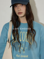 Lofi choose Cotton Blend Relaxed Crewneck Women Office Letter Print Blue Grey Sweatshirt