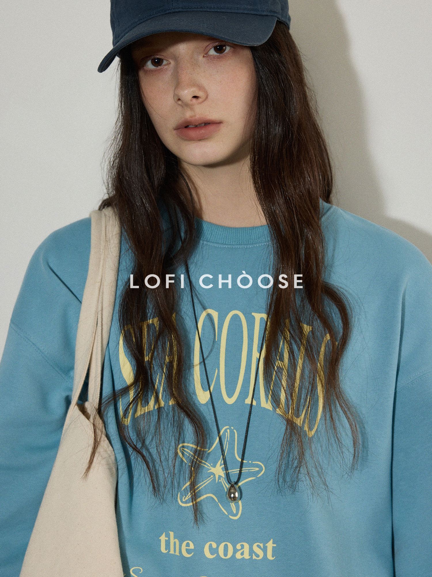 Lofi choose Cotton Blend Relaxed Crewneck Women Office Letter Print Blue Grey Sweatshirt