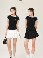 ikyou Cotton Stretch Slim Polka Dot Ruffle Women Short Sleeve Buttoned Knit Cardigans