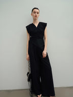 audreyyang Drawstring Pleated Loose V-neck Black Solid Women Off Shoulder Crop Tops