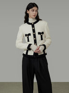 unspoken Black White Colorblock Office Loose Cropped Round Neck Buttoned Knit Cardigans